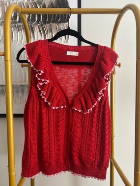 LC Lauren Conrad Red Ruffled Cable-Knit Button Front Vest